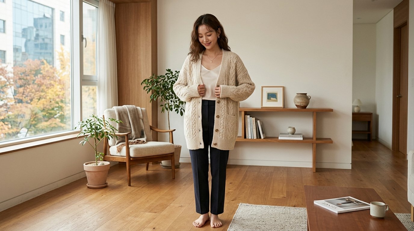 도심 거리에서 화이트 가디건과 데님을 입은 사람들 모습