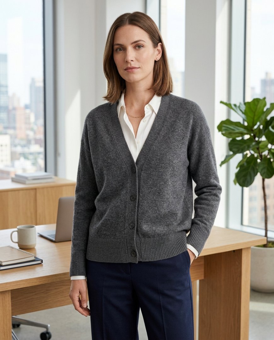 오피스에서 네이비 가디건과 슬랙스를 입은 사람 모습