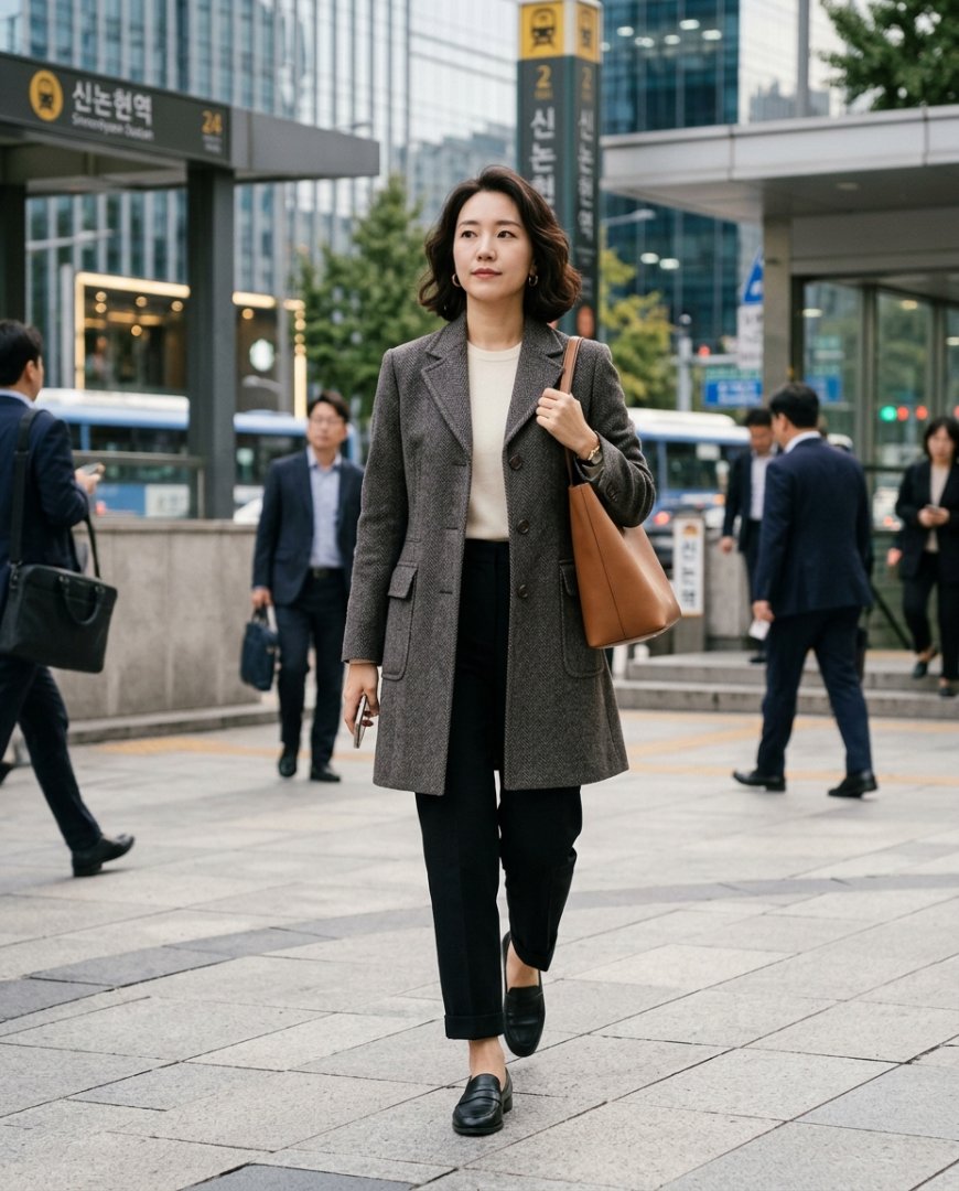 오피스 로비에서 하프코트와 슬랙스 스타일