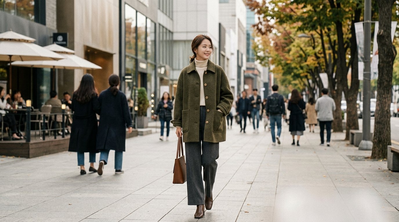 도시 거리에서 하프자켓 착용한 여성