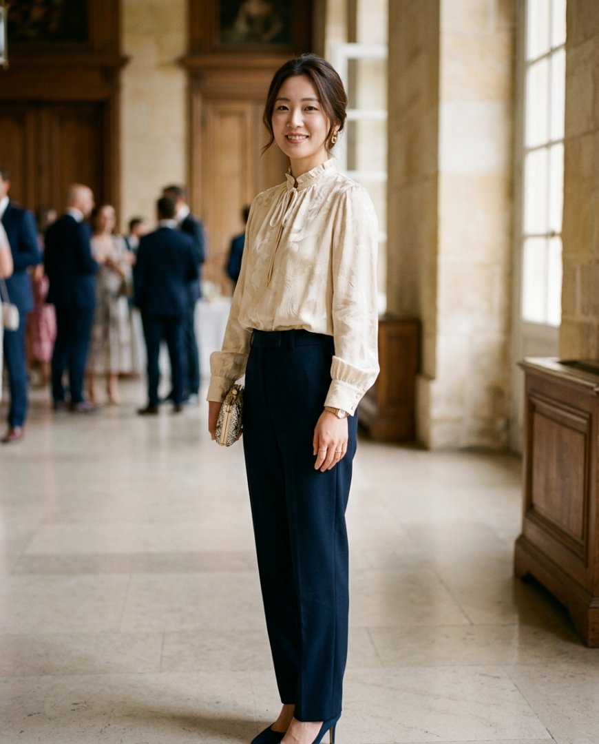 브라운 블라우스와 스커트가 마주보는 장면
