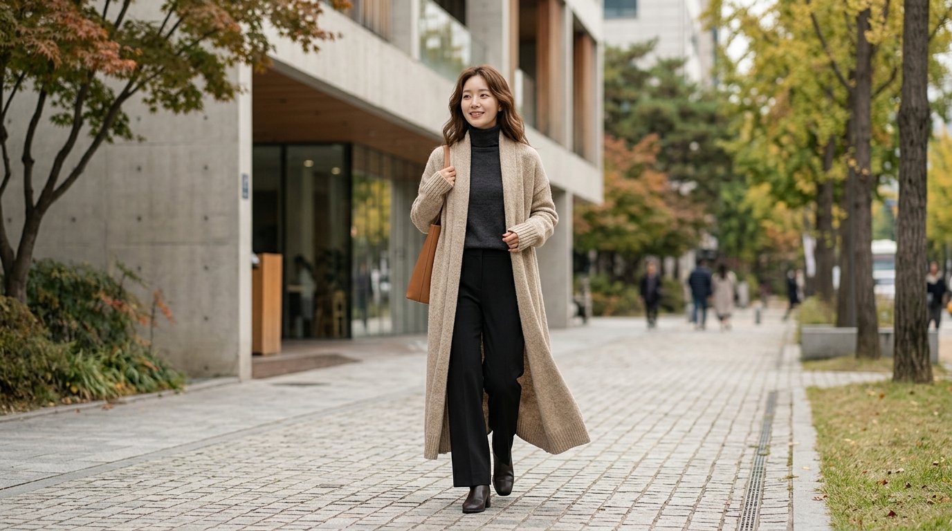 가을 거리에서 포르테 포르테 롱가디건을 입은 인물이 외출을 준비하고 있습니다.