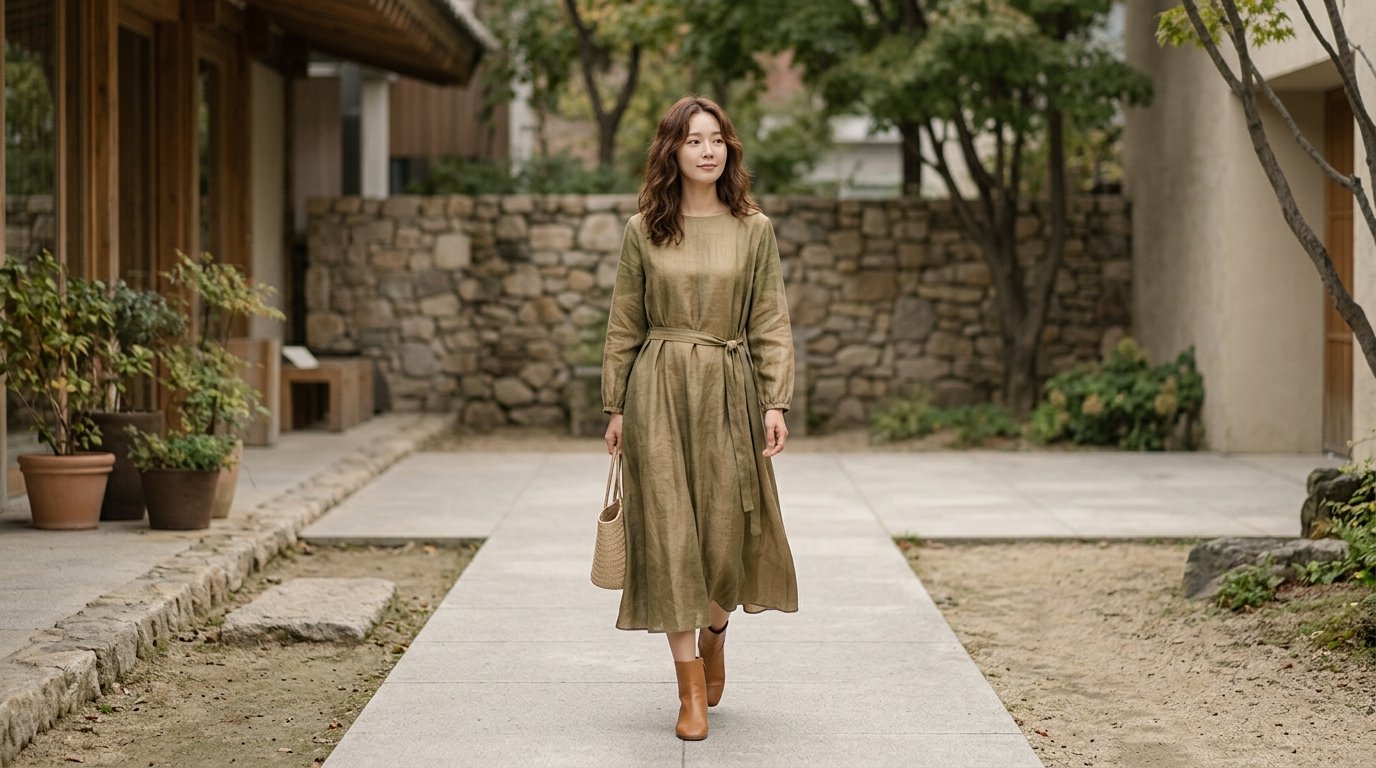 다양한 색상의 긴팔원피스를 입은 인물들이 공원에 서 있는 모습