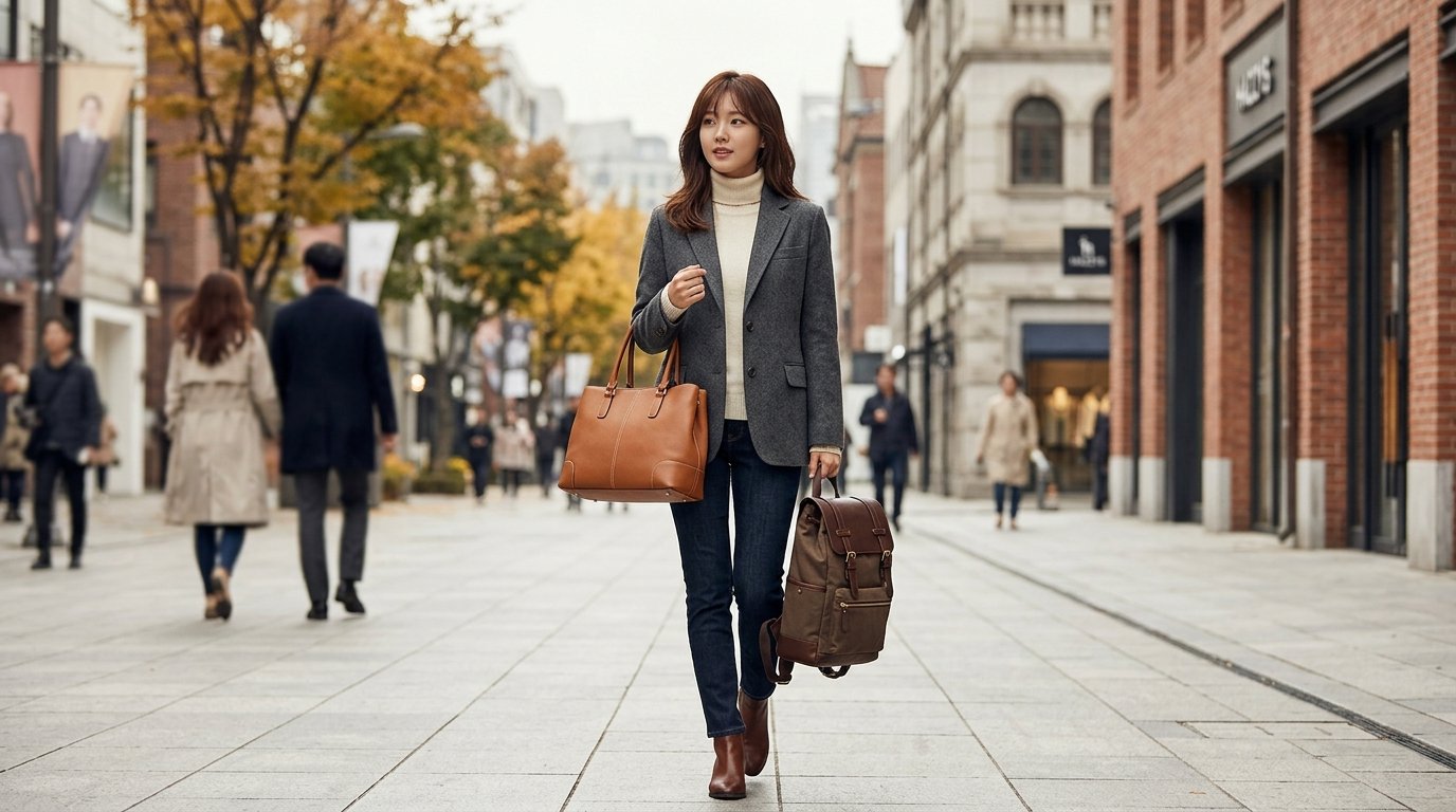 카페 테이블 위 가방 배열과 주변 소품들이 놓여있음.