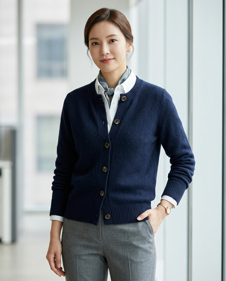 오피스에서 기본가디건과 슬랙스 코디