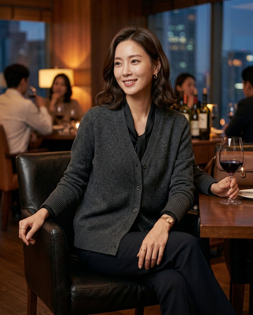 레스토랑에서 기본가디건을 입은 세미포멀 룩