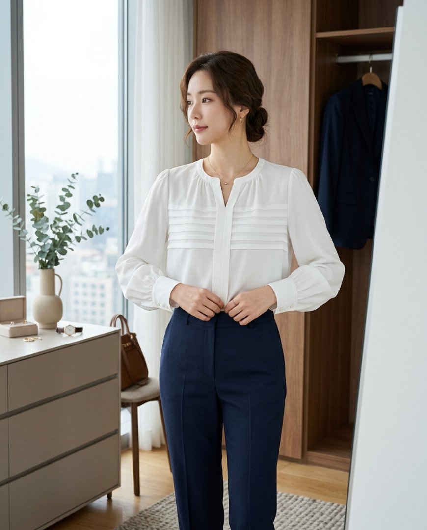 사무실 책상 위에 블라우스가 가지런히 정리되어 있는 모습