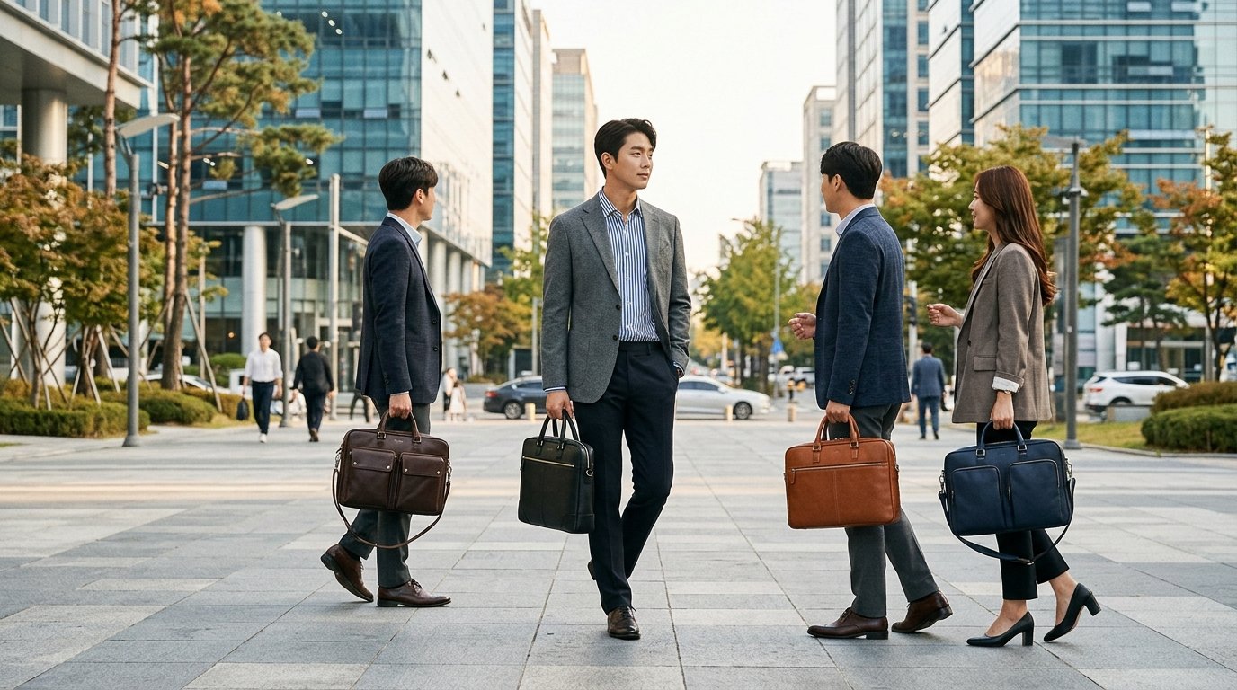 업무 환경에서 서류가방을 고르는 모습