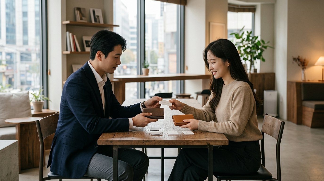 다양한 가죽 지갑이 나무 선반에 진열된 모습.