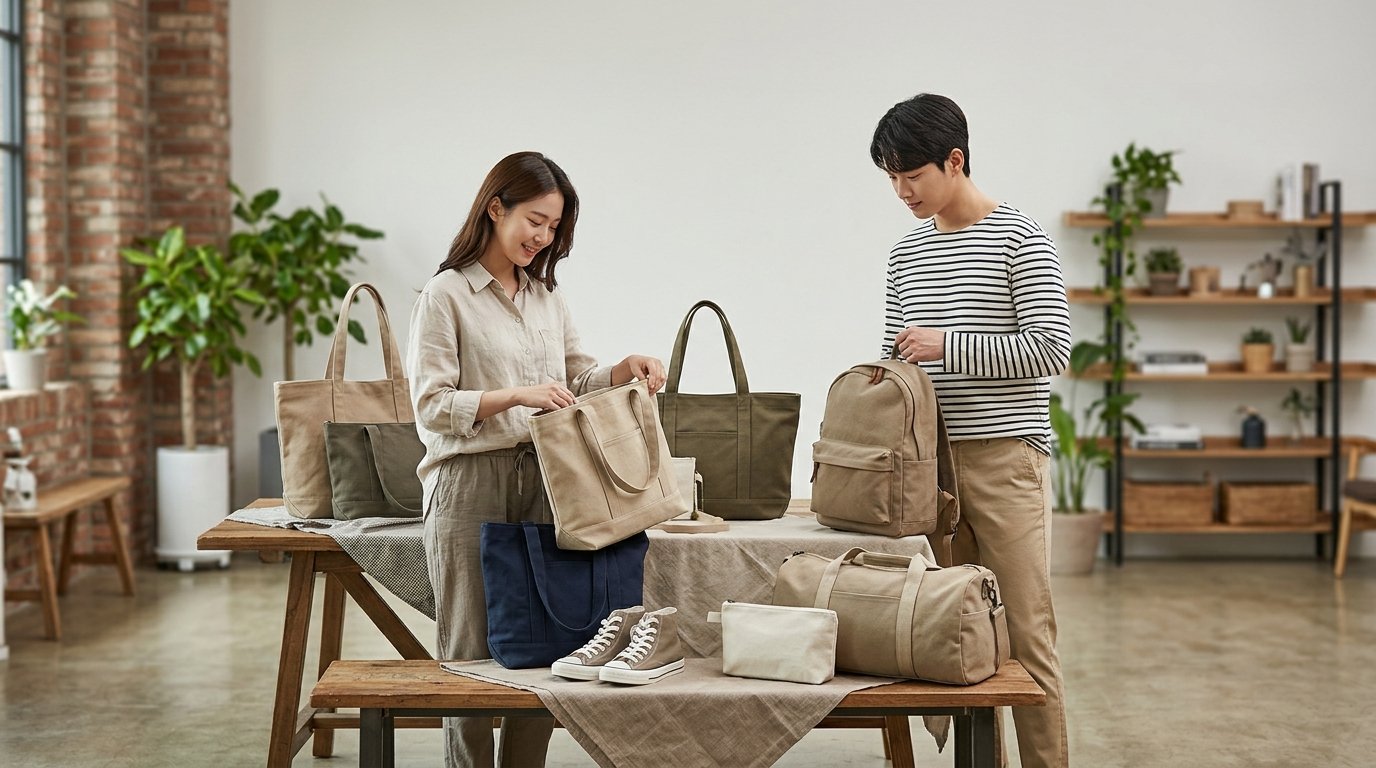 도심 속 다양한 형태의 캔버스 백이 놓인 모습