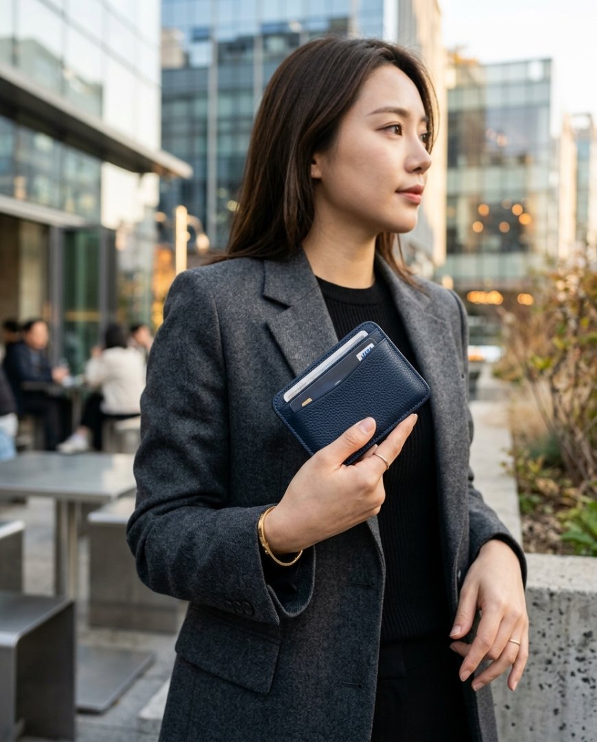 도시 배경의 콘크리트 위에 놓인 카드지갑