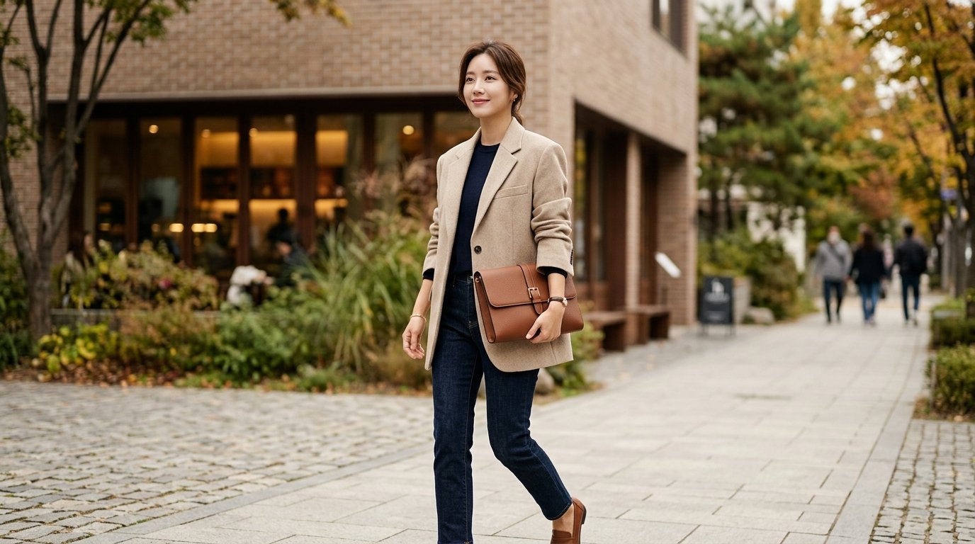 도시 야외에서 다양한 클러치백이 진열된 모습