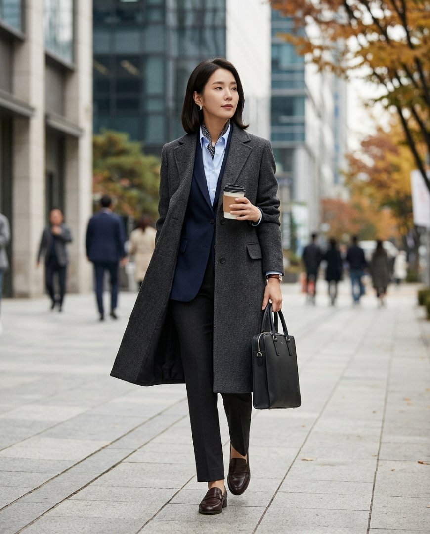 사무실 로비에서 블랙 롱코트와 슬랙스 스타일