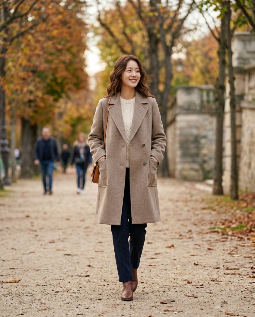 공원에서 베이지 트렌치코트와 데님 스타일