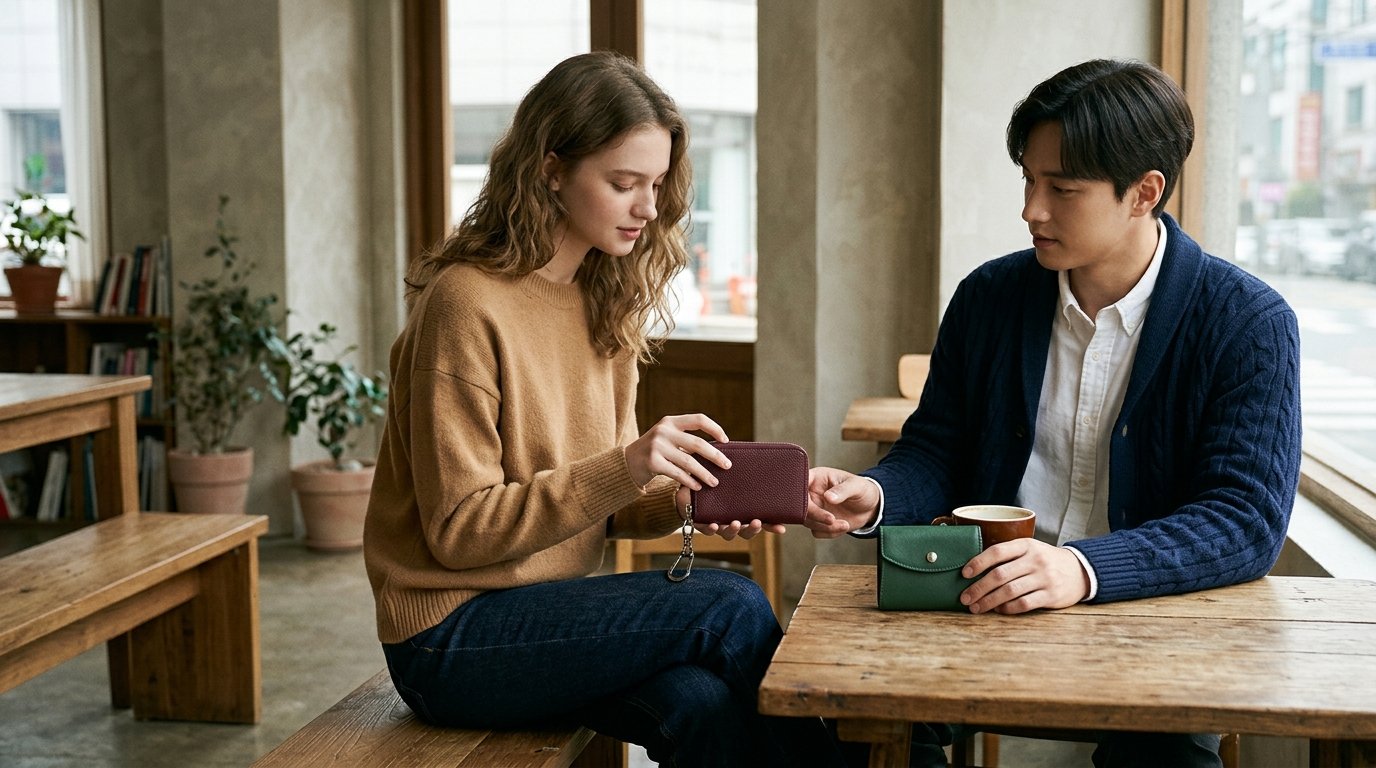 다양한 소재와 색상의 동전지갑이 테이블에 놓여 있다.