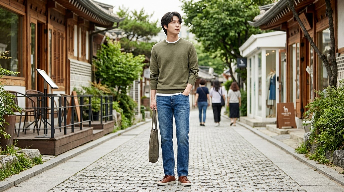 도심 거리의 다양한 스타일의 데님팬츠 착용 모습