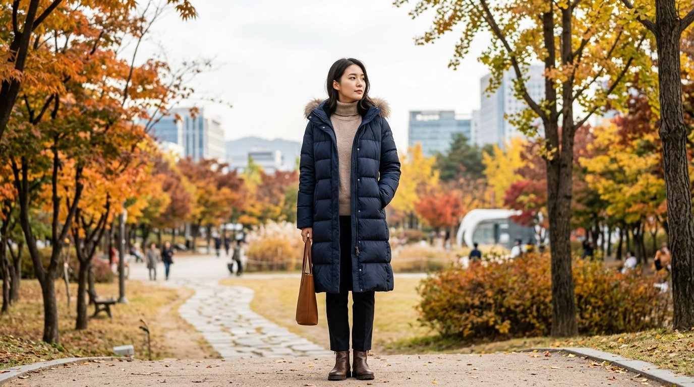 도심 공원에서 다양한 다운점퍼를 입은 사람들