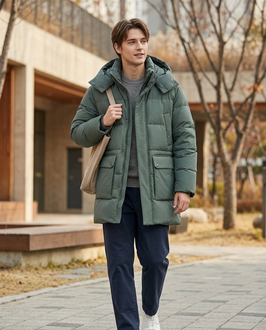 네이비 점퍼를 입고 소파에 앉아 있는 사람