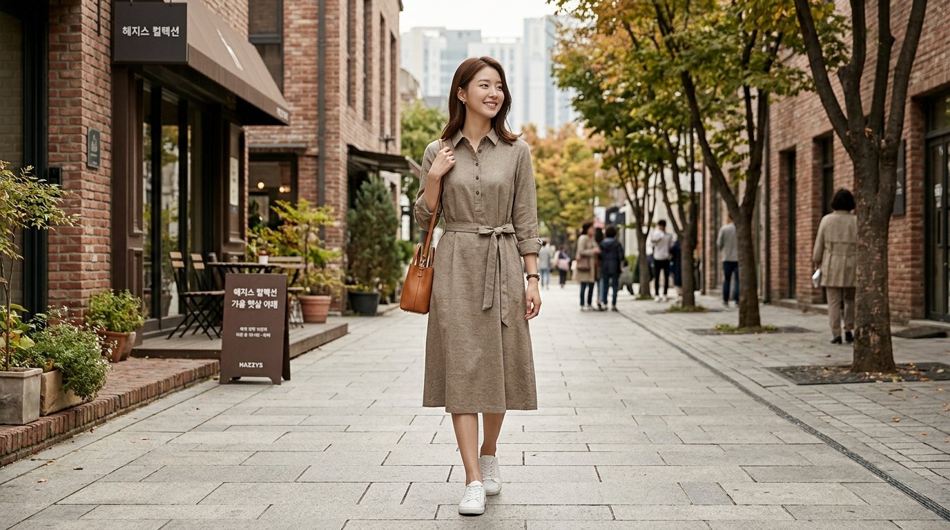 공원에서 원피스를 입고 있는 모델의 전신 샷
