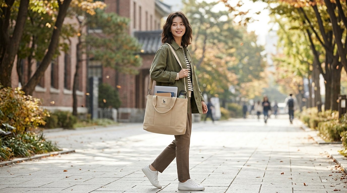 다양한 형태와 크기의 에코백을 보여주는 매장 전경.