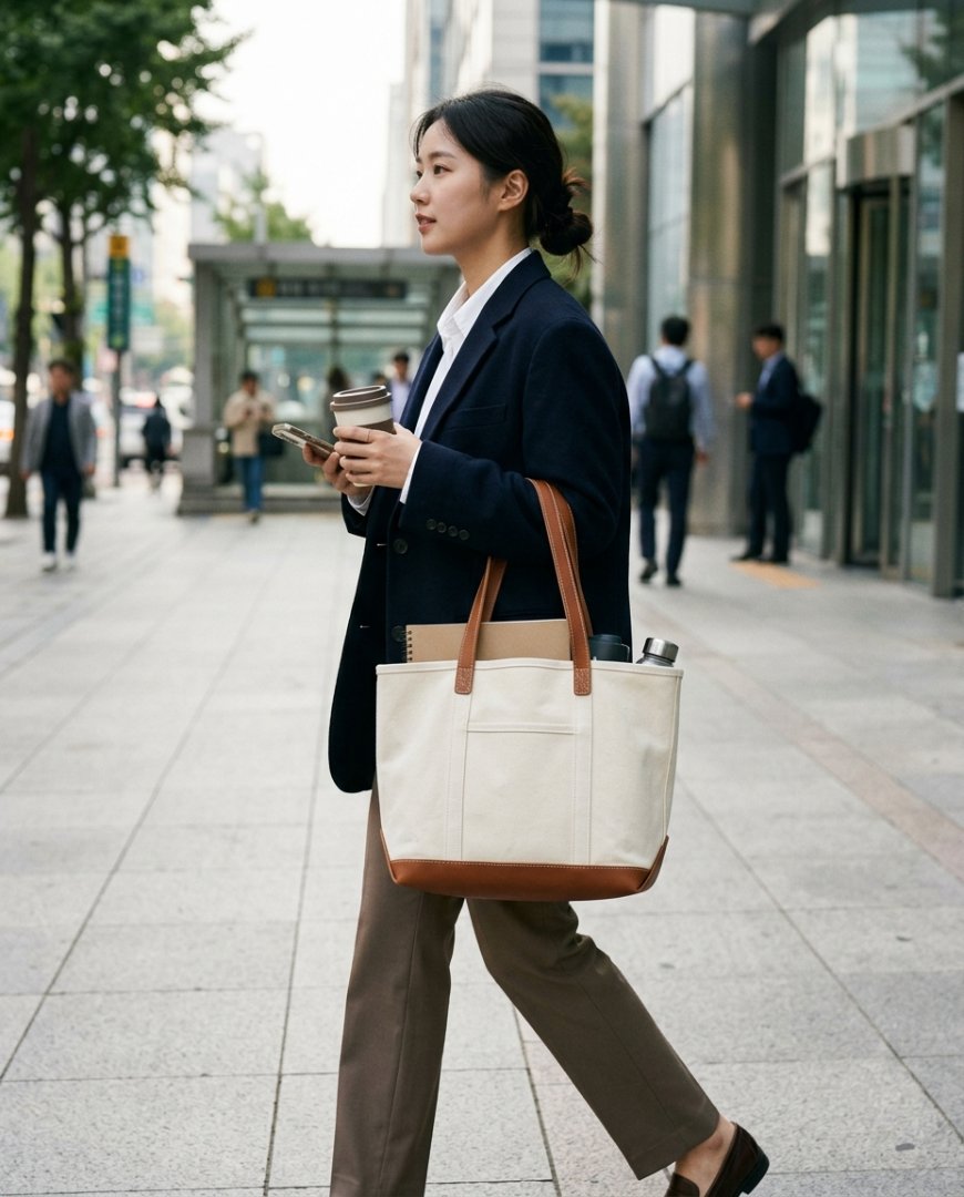 정장 차림의 남성이 도심에서 크로스백을 매고 있는 모습