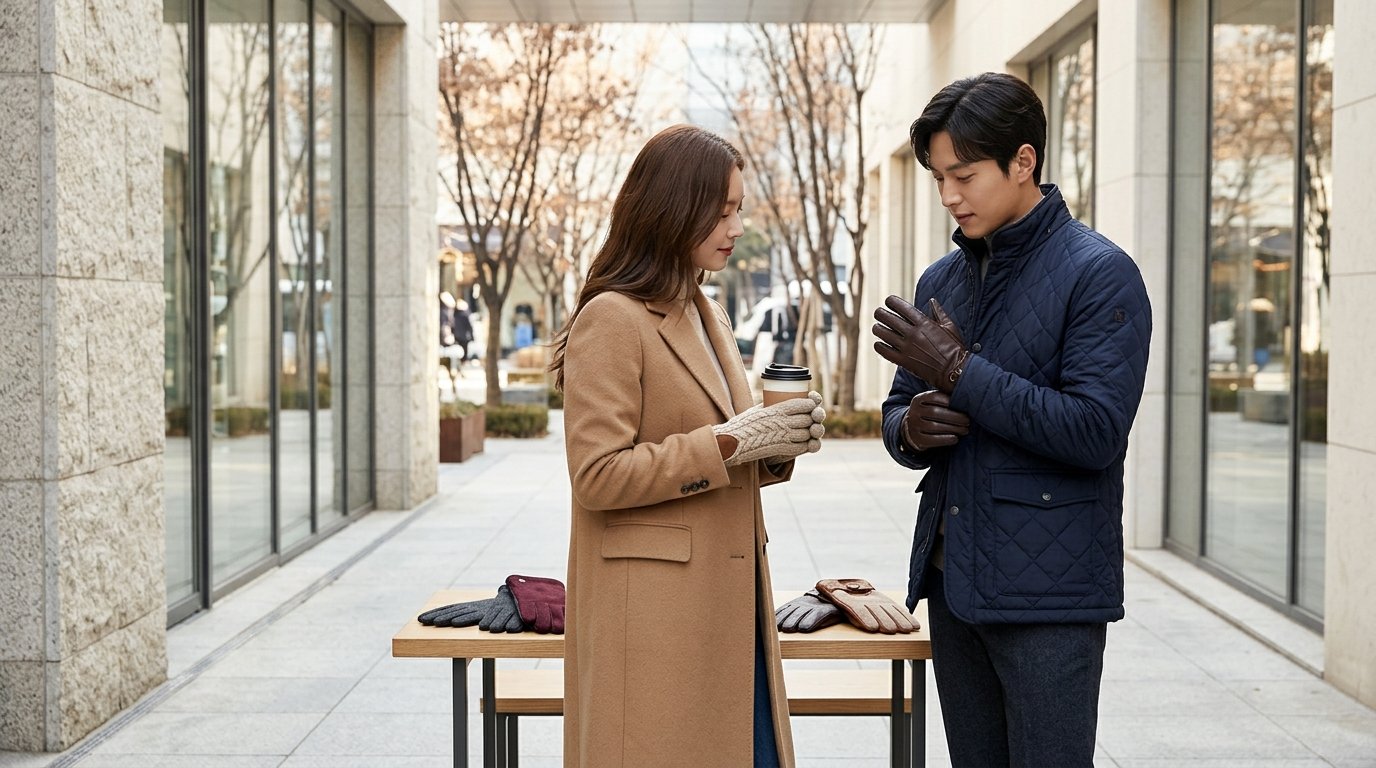 도심 거리 카페 테이블에서 다양한 장갑들