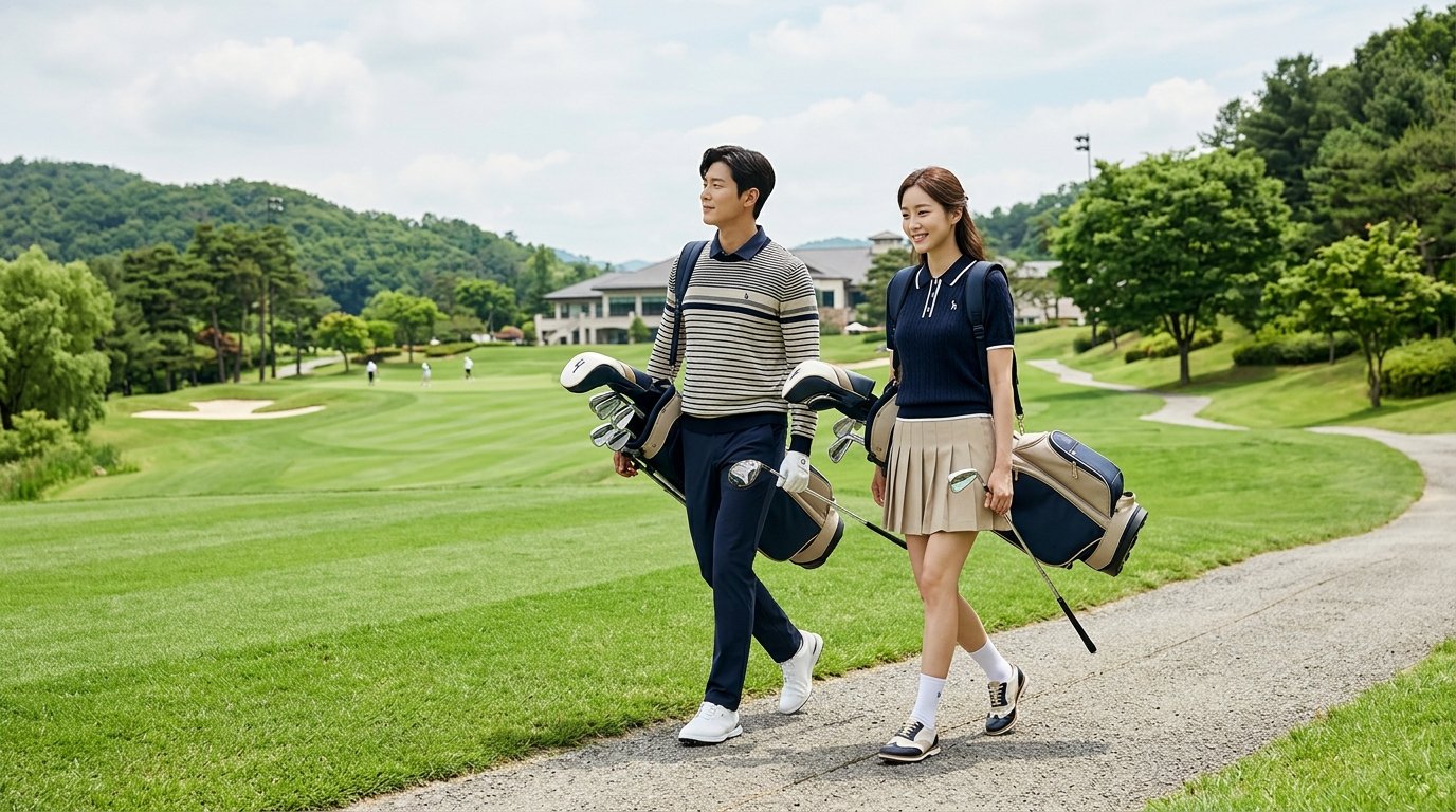 골프코스 배경에 다양한 자연 색상의 가방을 든 골퍼들 모습