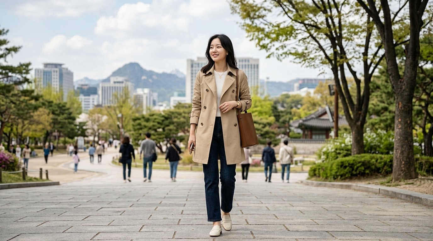 도심 거리에서 블랙 하프자켓을 입고 걷는 사람 모습