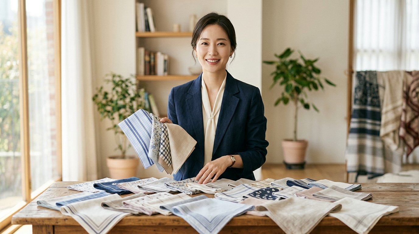 다양한 손수건이 매장에 진열된 모습
