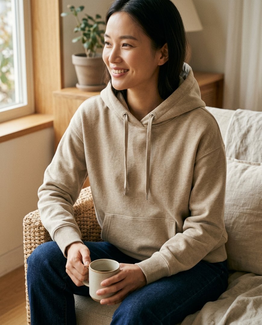실내에서 후드 위에 가디건을 입고 있는 사람