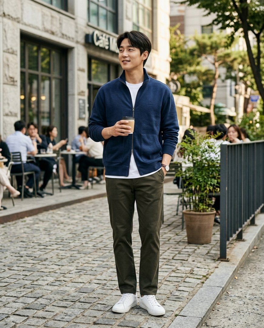 도시 거리에서 네이비 점퍼와 슬랙스를 입은 모델