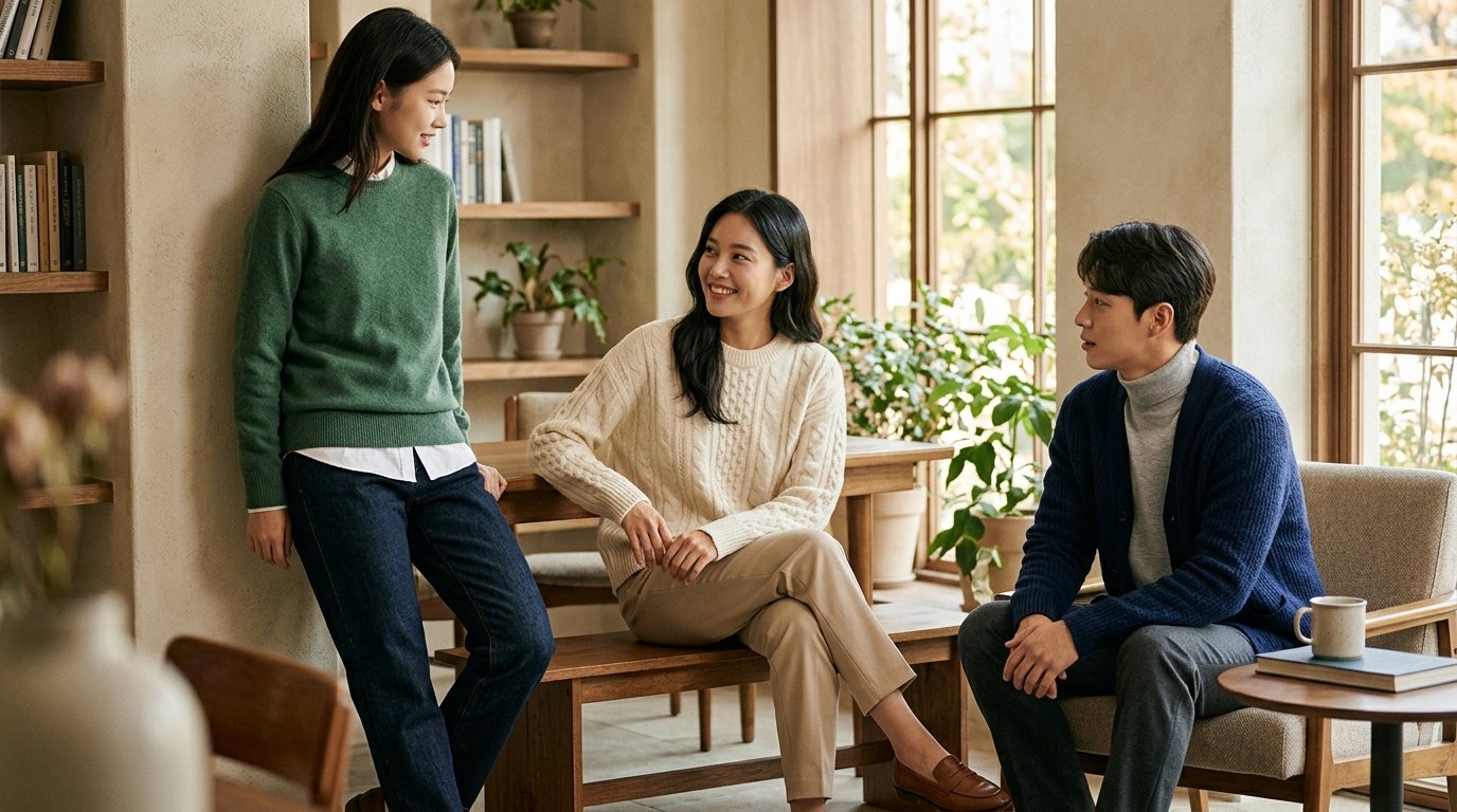 도시 거리에서 다양한 색상의 니트를 입은 사람들 모습