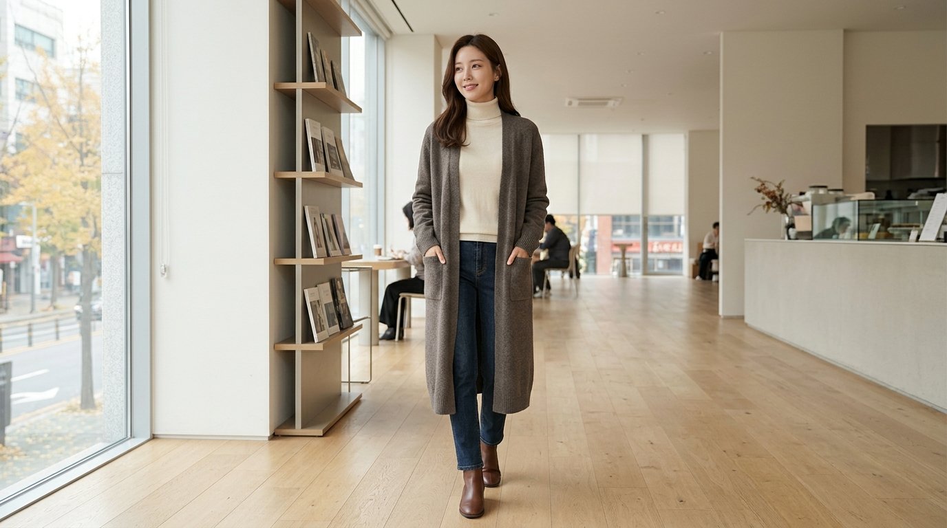 모던 아파트의 여유로운 드레스룸, 각종 롱가디건이 진열된 모습