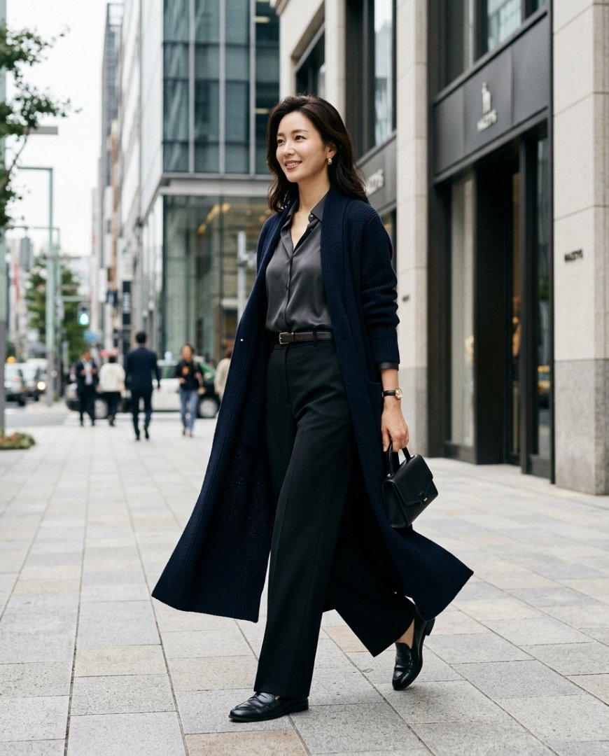 도시의 황혼, 골목길에서 세련된 롱가디건을 입은 모습