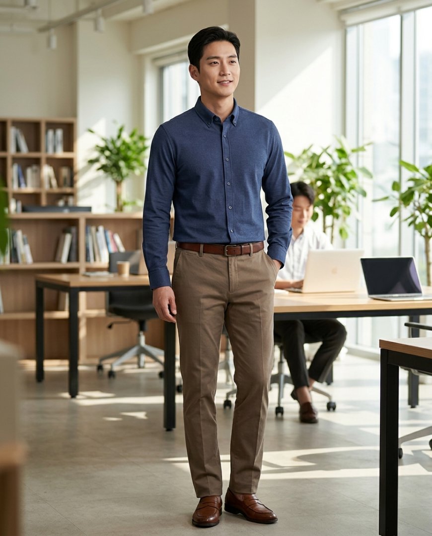 레귤러핏 셔츠와 슬랙스가 잘 어울려 정돈된 사무실 테이블에 놓여 있는 모습
