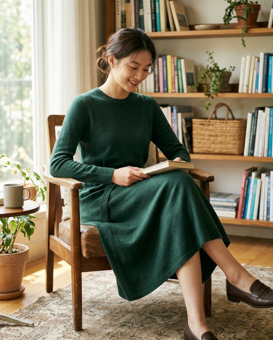 실내에서 기분 좋은 빛을 받으며 긴팔원피스를 입고 있는 모습