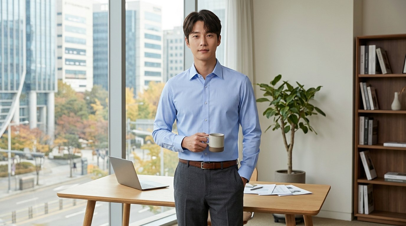 다양한 긴팔드레스셔츠가 걸려 있는 샵 내부 모습