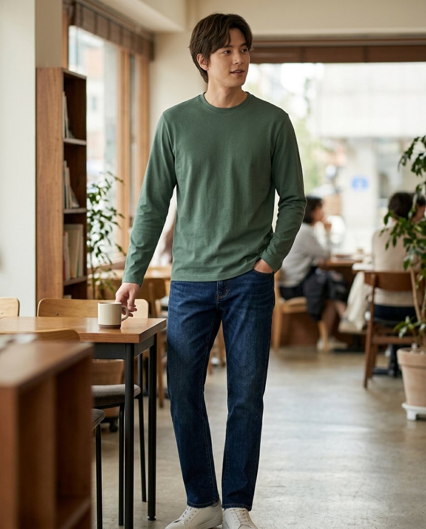 캐주얼하게 입은 긴팔티셔츠와 데님 팬츠