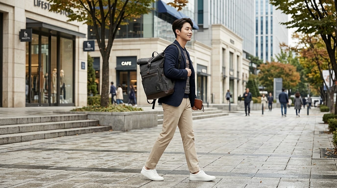 도시 환경에서 백팩을 착용한 남성 모습