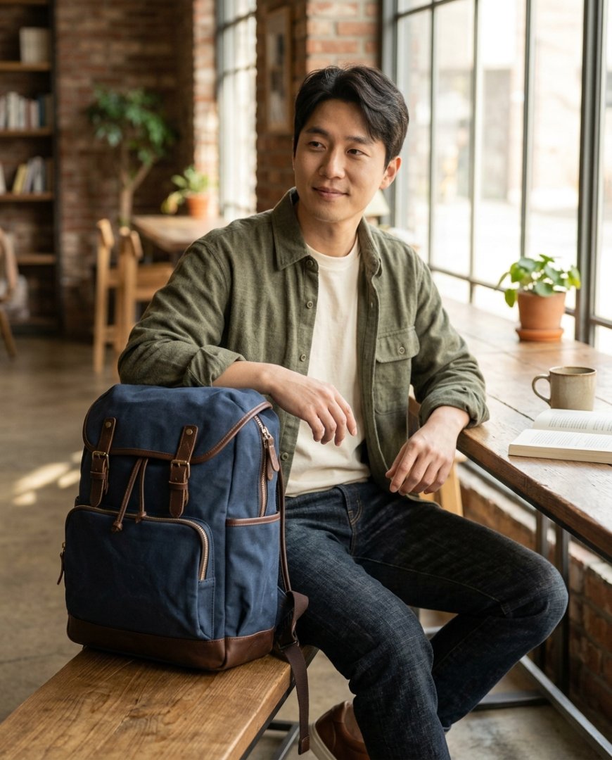 공원에서 데님과 나일론 백을 매치한 남성