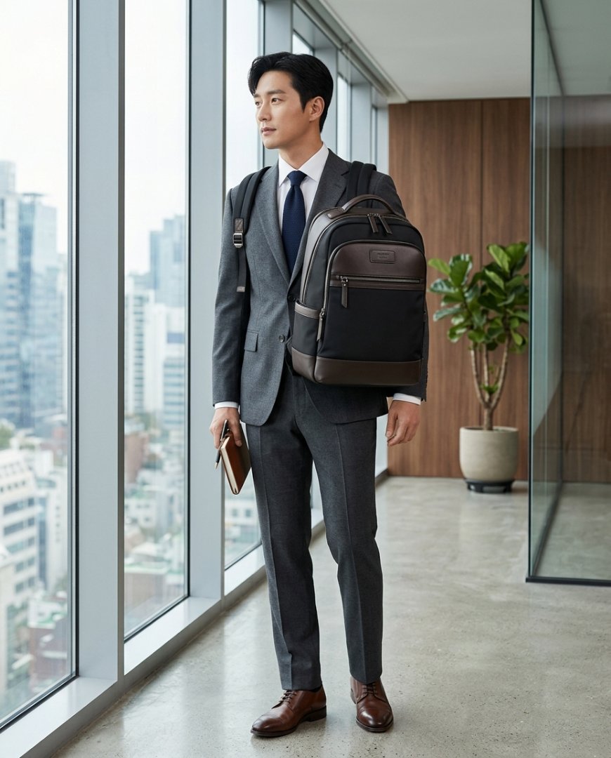 사무실에서 가죽 백팩을 맨 남성