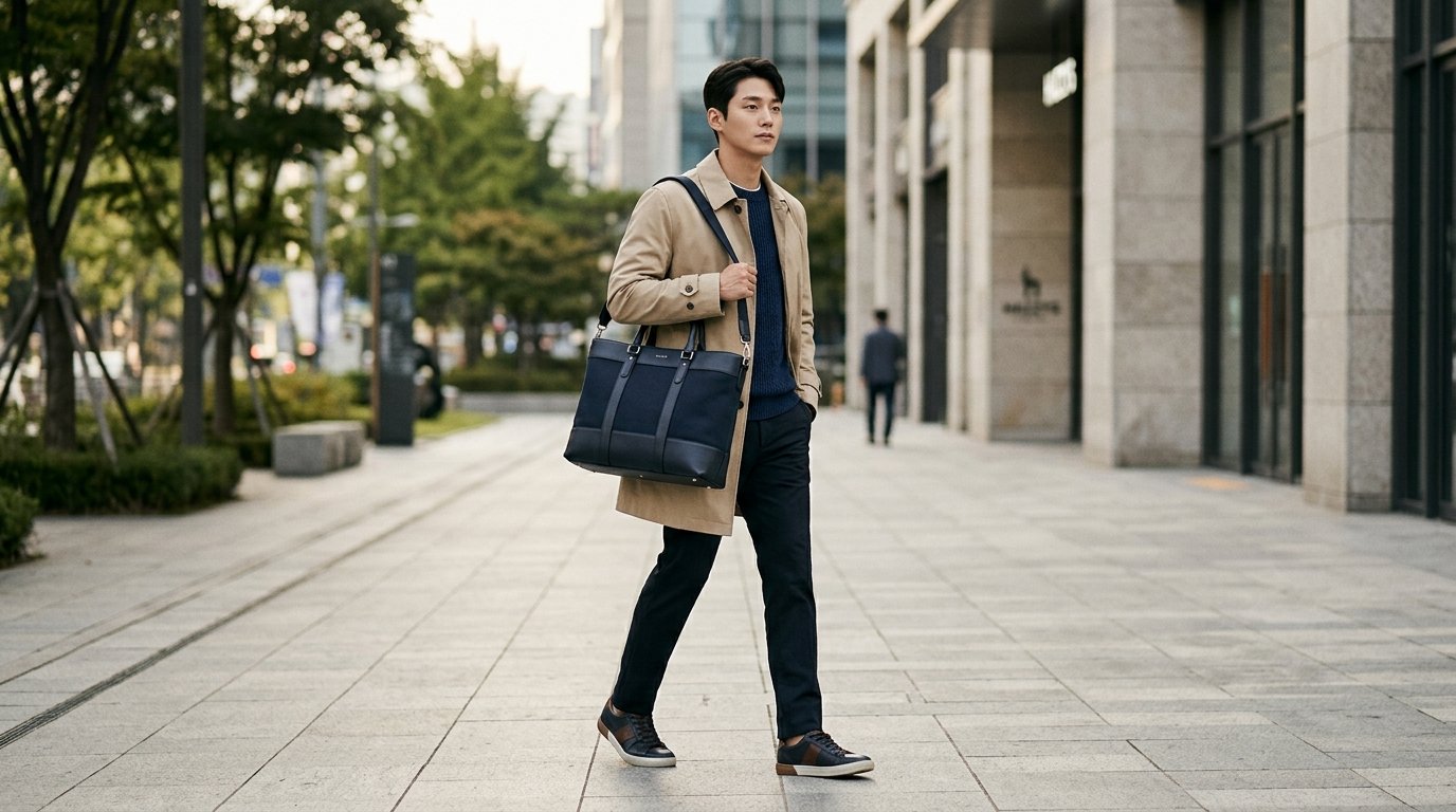 다양한 남성 가방이 대칭으로 진열된 장면