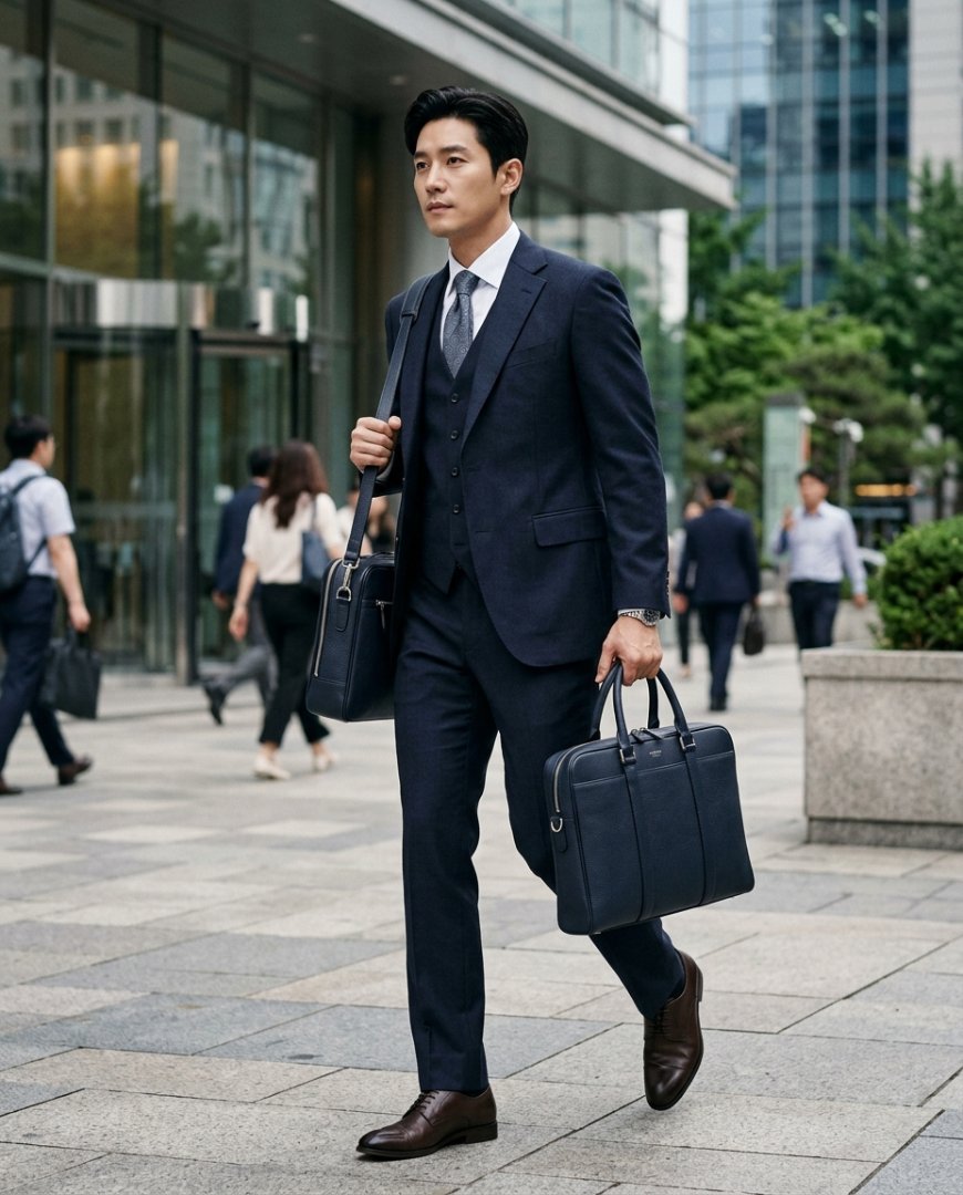 세련된 수트 스타일링에 블랙 토트백 매치