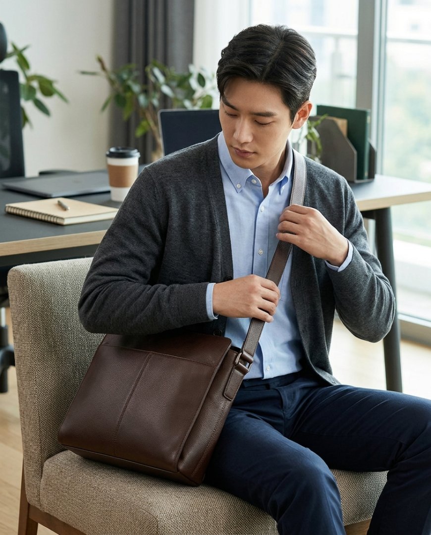 정장 차림에 블랙 가죽 크로스백을 멘 모델