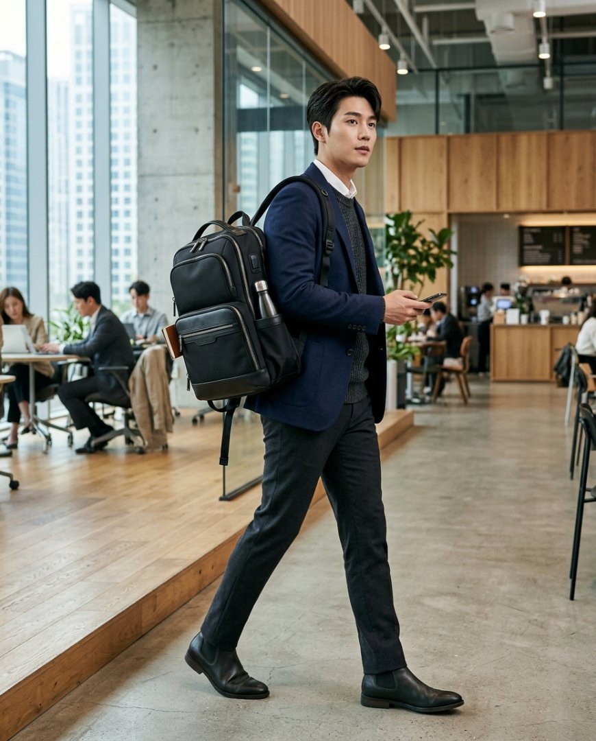 실내 사무 공간에서 블랙 백팩을 멘 셔츠 차림의 남성