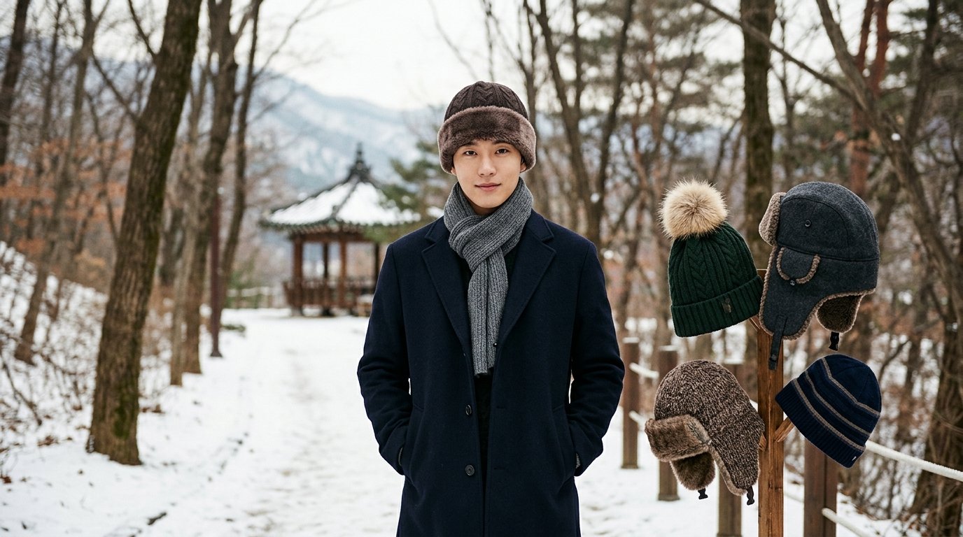 도시 겨울 거리에서 다양한 털모자 착용 모습