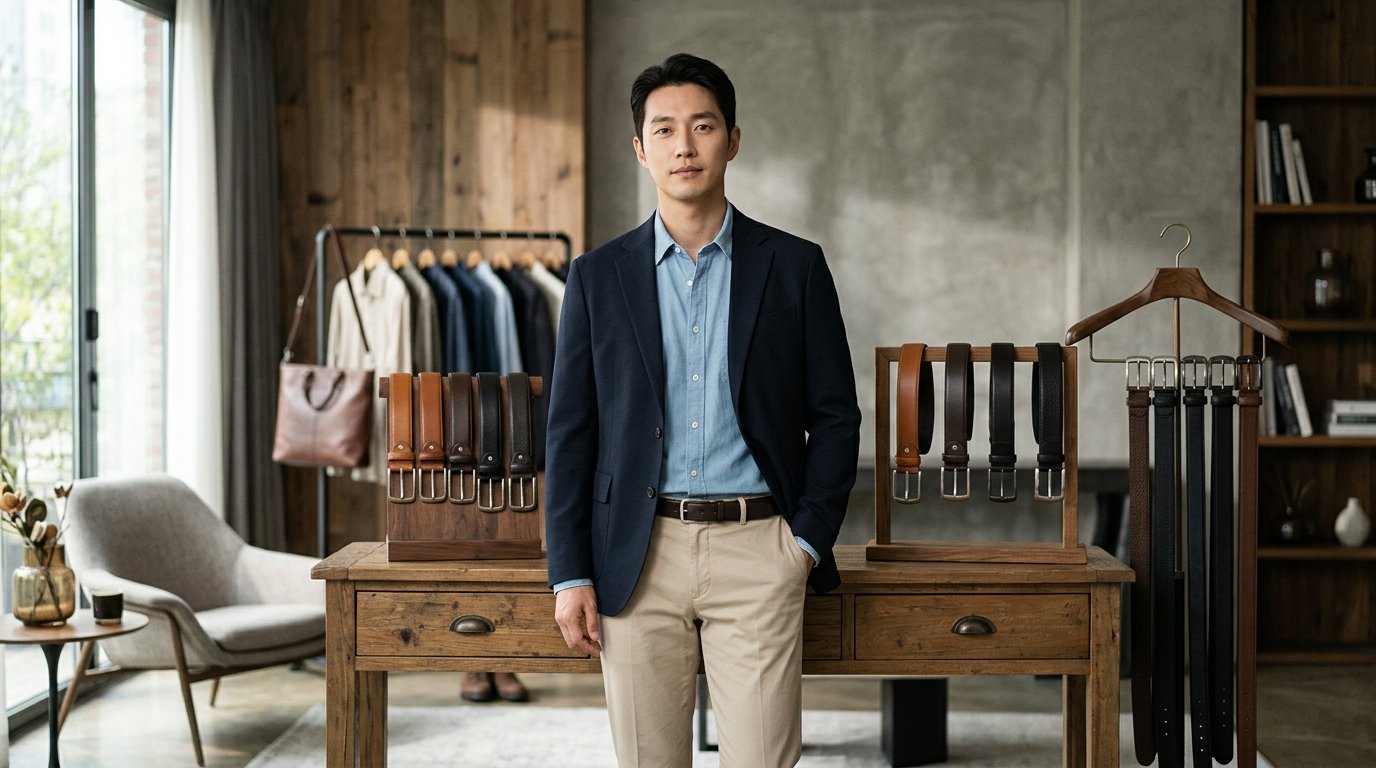 다양한 스타일의 남성 벨트와 의상이 함께 놓인 장면