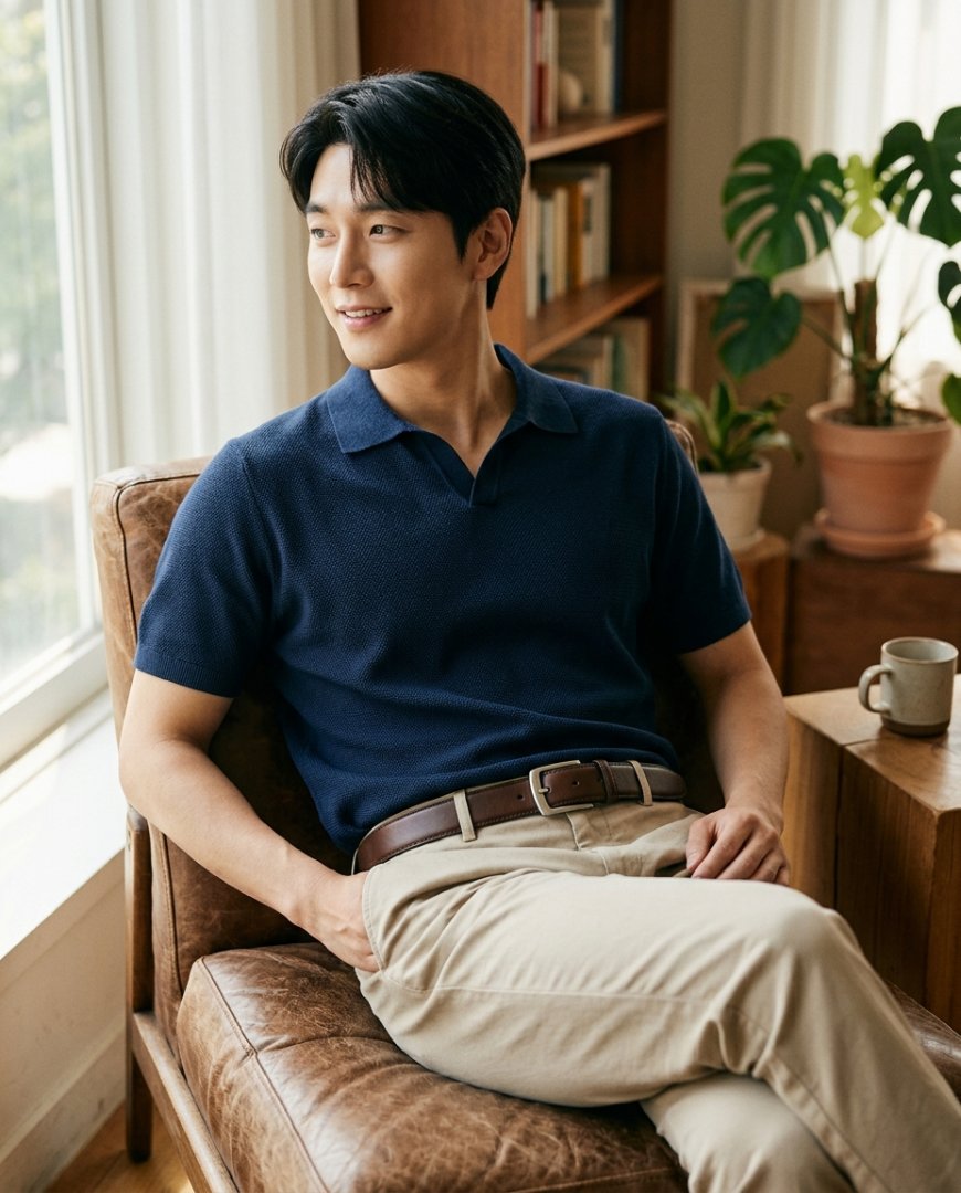 캐주얼한 데님 위에 브라운 벨트 조합