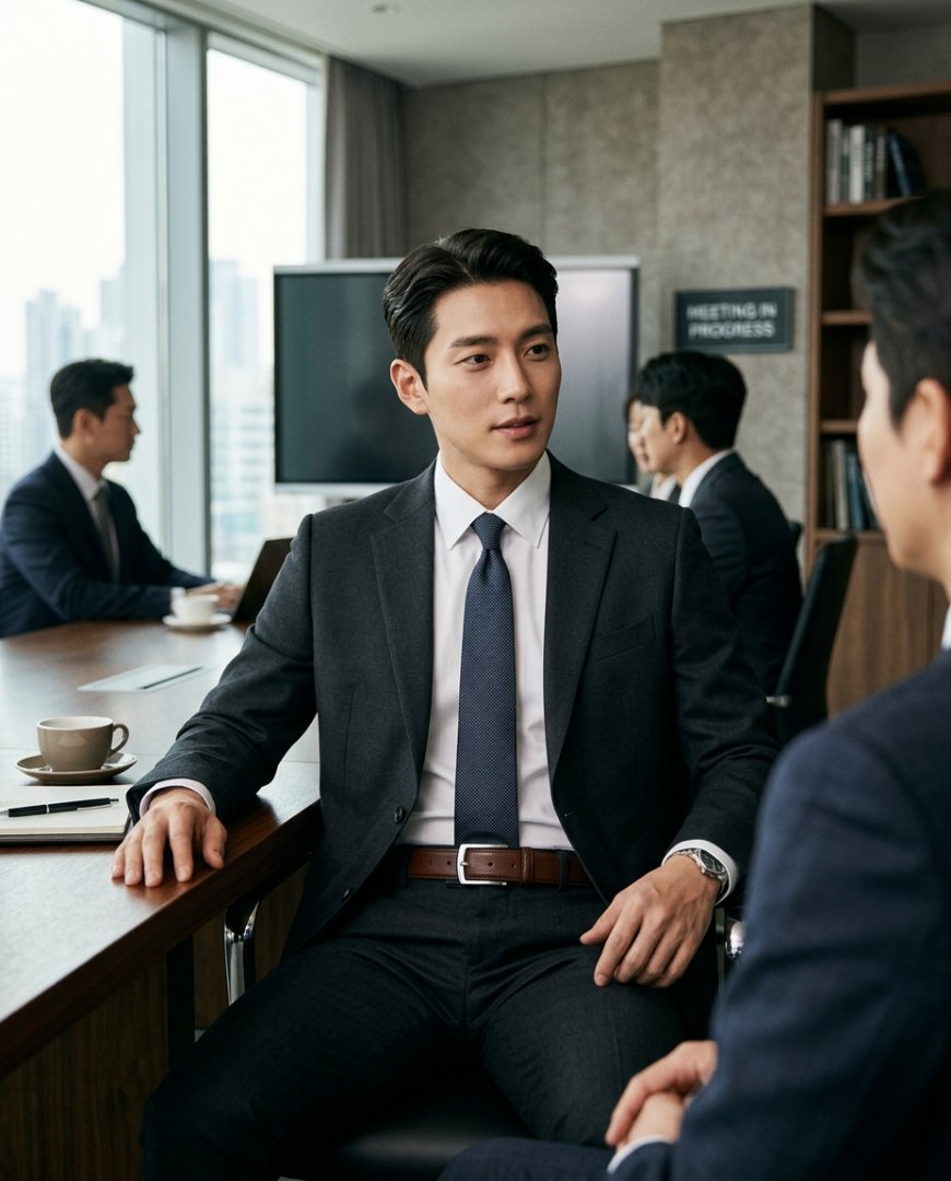 정장 팬츠와 화이트 셔츠에 매치된 블랙 벨트