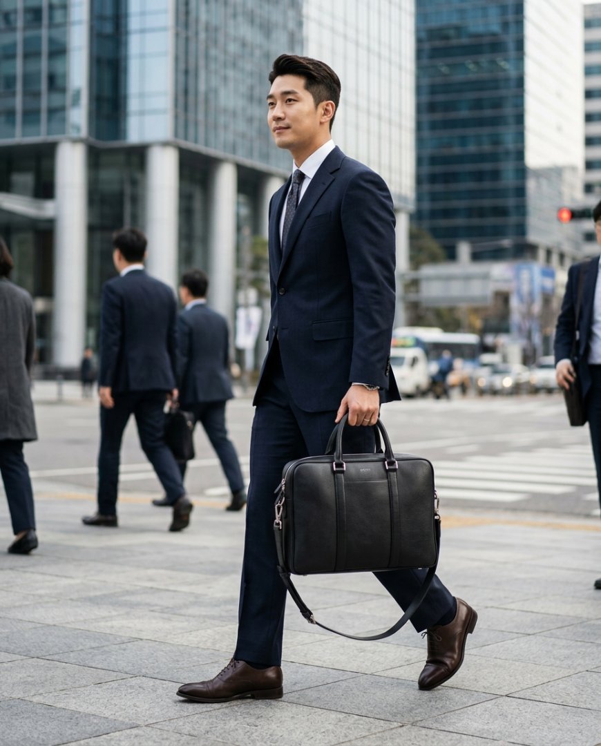 비즈니스 수트에 매치한 서류가방의 근접 장면